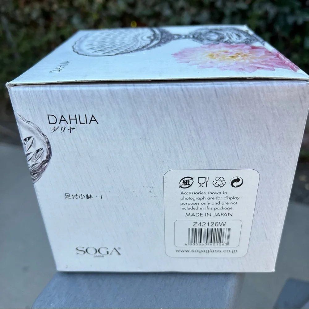 NIB Soga Contemporary Clear Glass Dahlia Footed Fruit & Candy Bowl Holiday Party